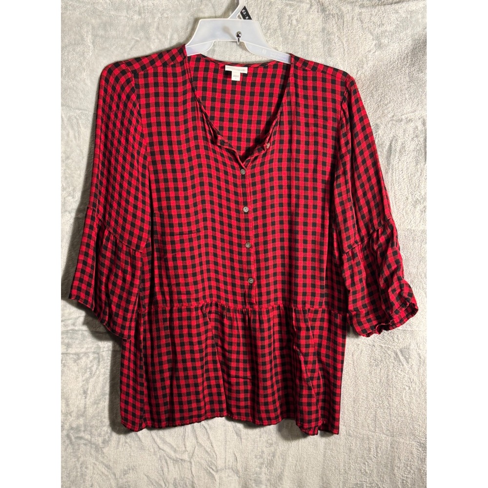J Jill Red Black Buffalo Check Gingham Peasant Tunic Top Women's L